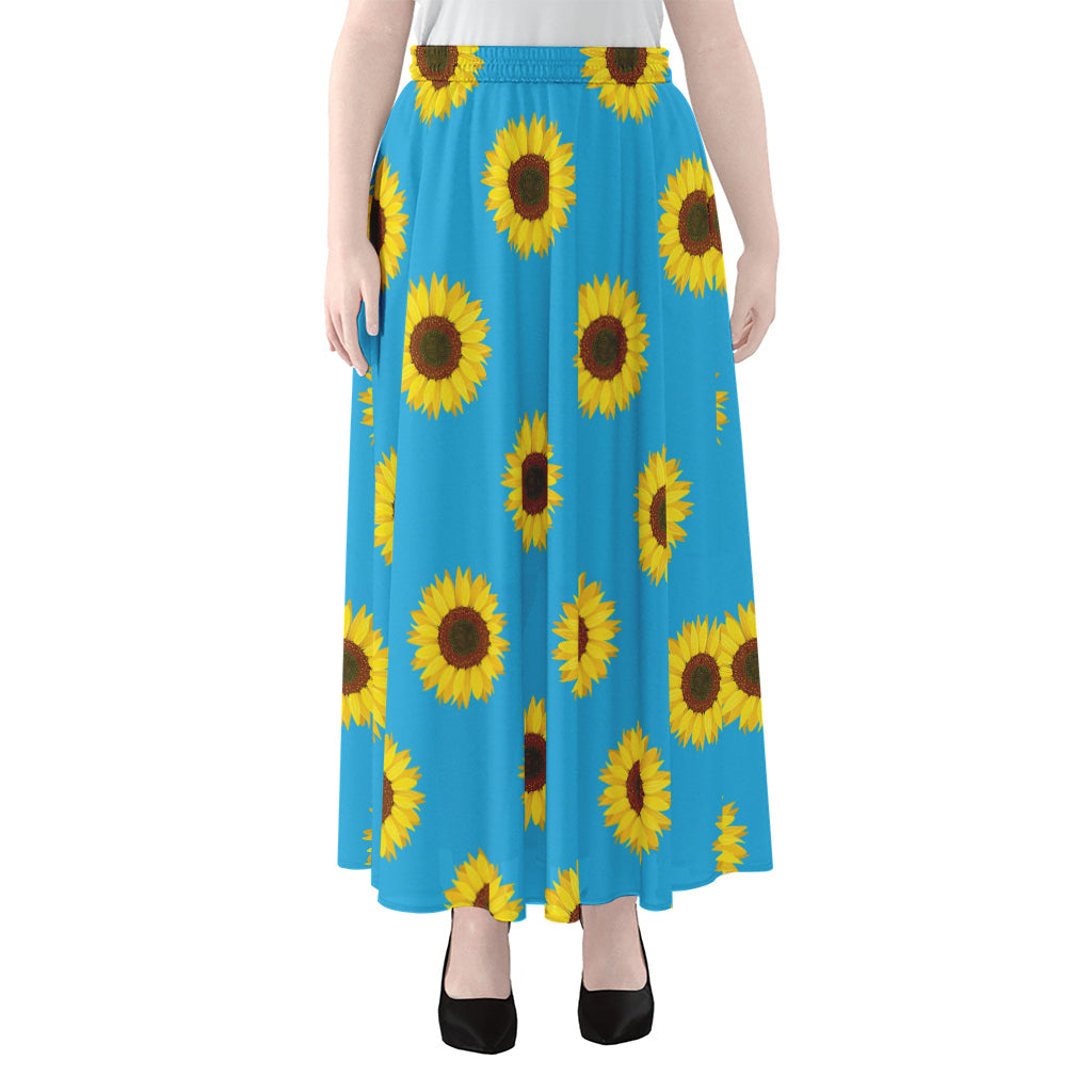 Blue Cute Sunflower Pattern Print Chiffon Maxi Skirt