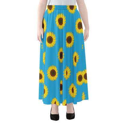 Blue Cute Sunflower Pattern Print Chiffon Maxi Skirt
