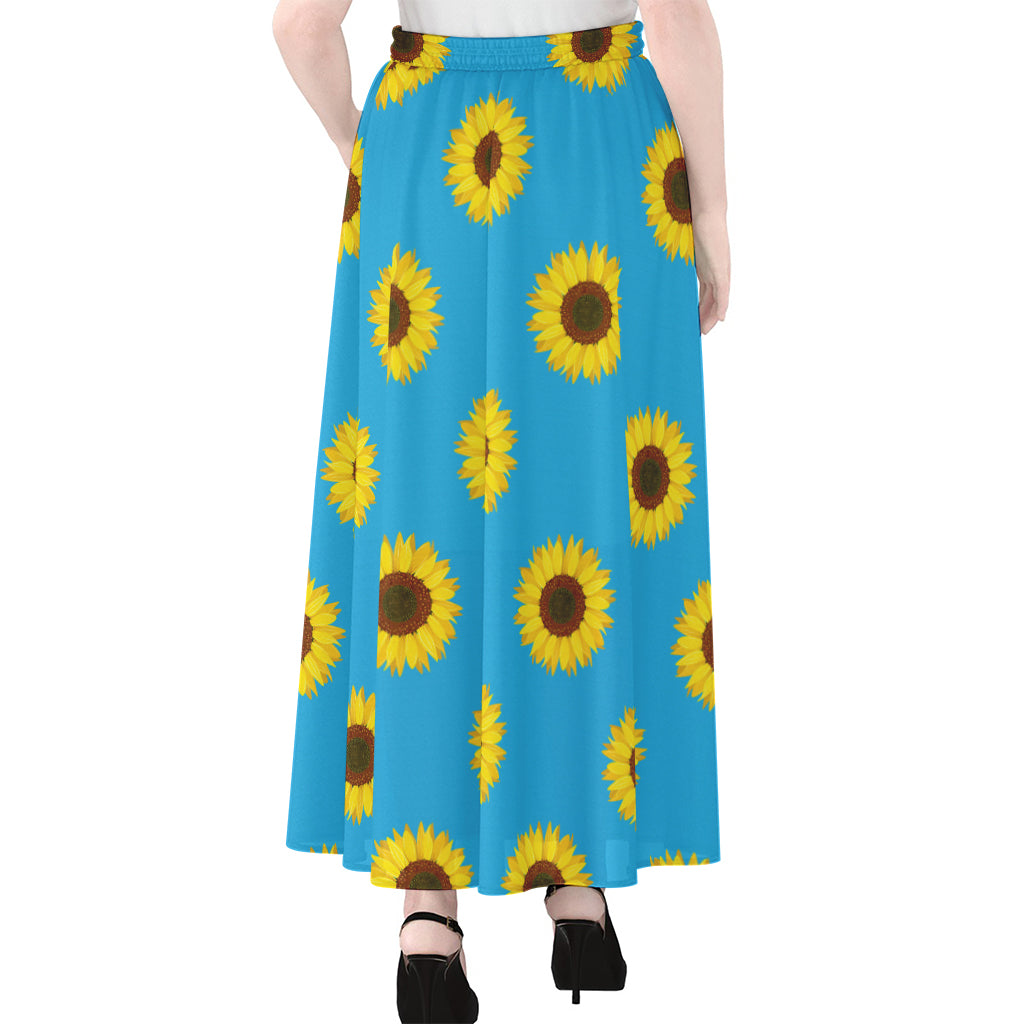 Blue Cute Sunflower Pattern Print Chiffon Maxi Skirt