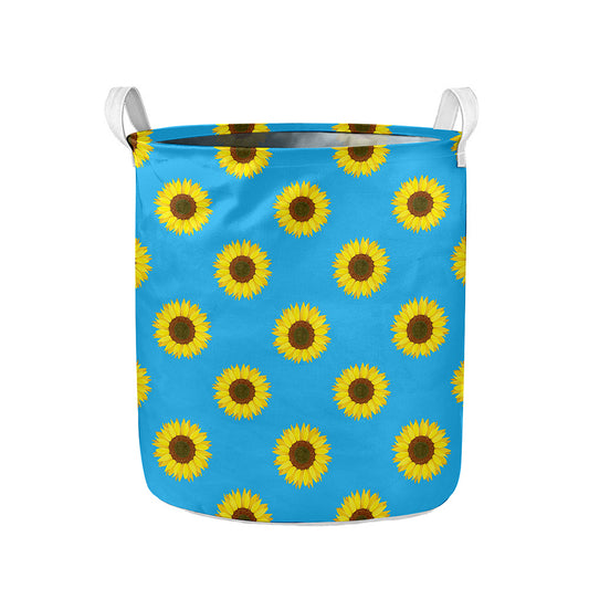 Blue Cute Sunflower Pattern Print Collapsible Laundry Basket