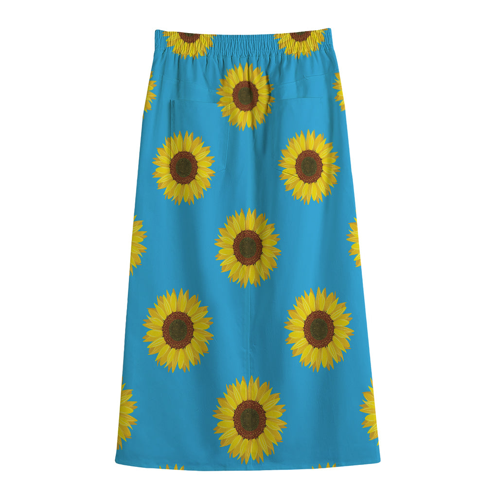 Blue Cute Sunflower Pattern Print Cotton Front Slit Maxi Skirt