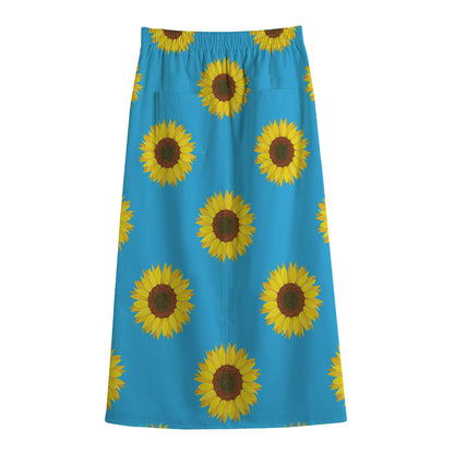 Blue Cute Sunflower Pattern Print Cotton Front Slit Maxi Skirt
