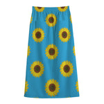 Blue Cute Sunflower Pattern Print Cotton Front Slit Maxi Skirt