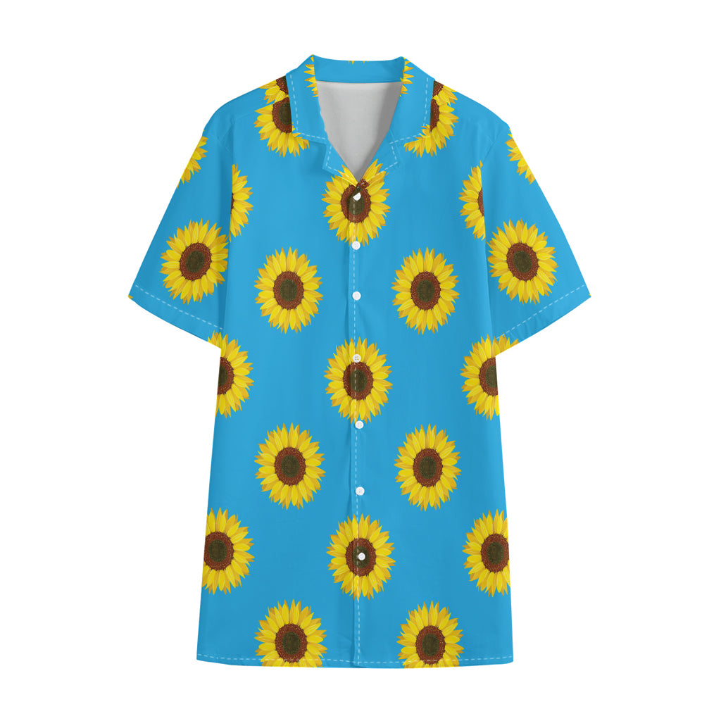 Blue Cute Sunflower Pattern Print Cotton Hawaiian Shirt