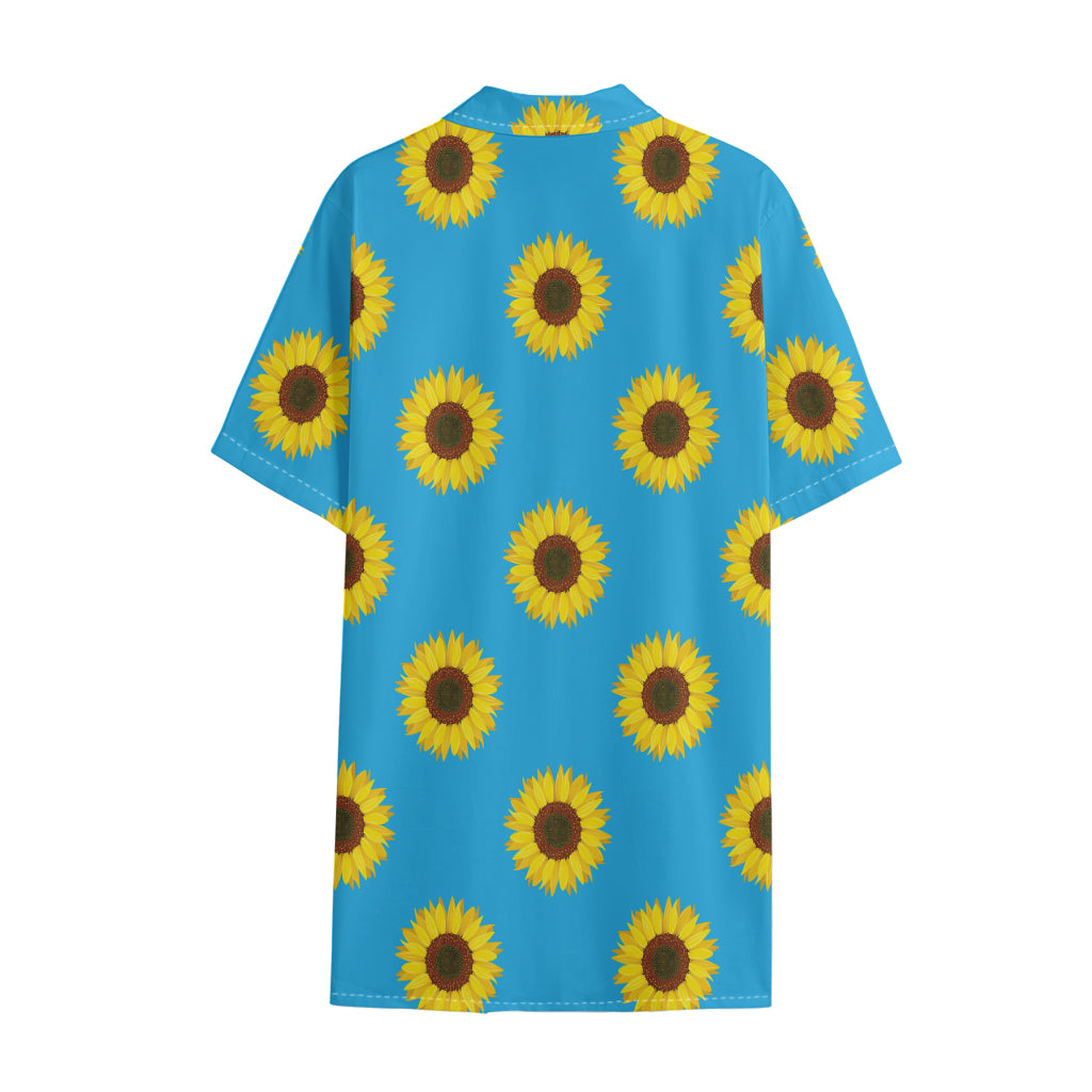 Blue Cute Sunflower Pattern Print Cotton Hawaiian Shirt