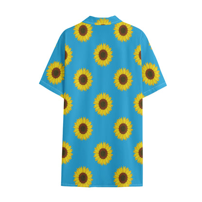 Blue Cute Sunflower Pattern Print Cotton Hawaiian Shirt
