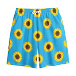 Blue Cute Sunflower Pattern Print Cotton Shorts