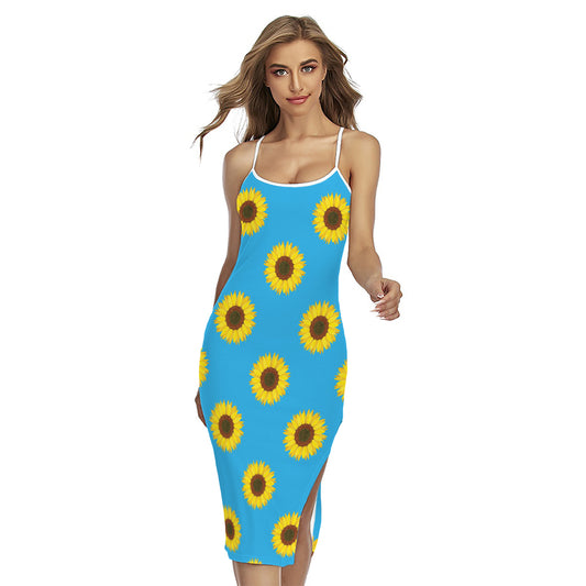 Blue Cute Sunflower Pattern Print Cross Back Cami Dress