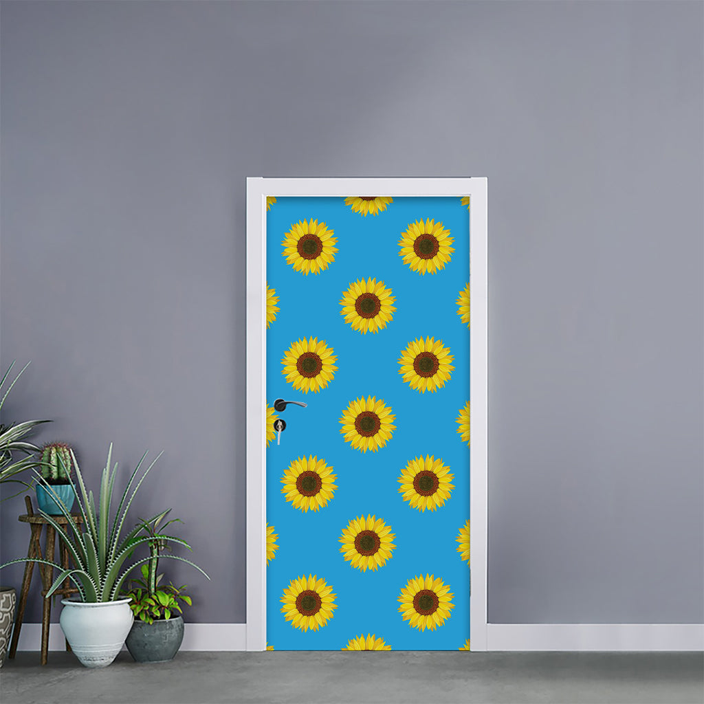 Blue Cute Sunflower Pattern Print Door Sticker