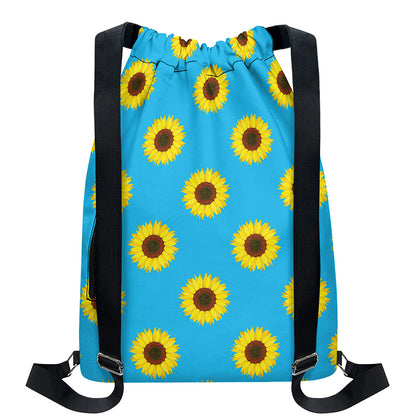 Blue Cute Sunflower Pattern Print Drawstring Backpack