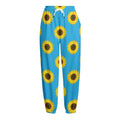 Blue Cute Sunflower Pattern Print Fleece Lined Knit Pants