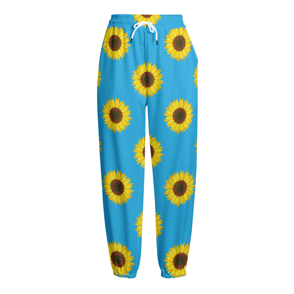 Blue Cute Sunflower Pattern Print Fleece Lined Knit Pants
