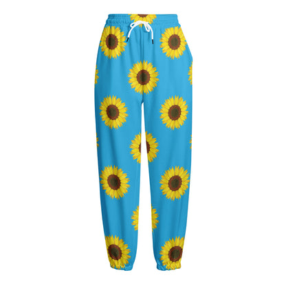 Blue Cute Sunflower Pattern Print Fleece Lined Knit Pants