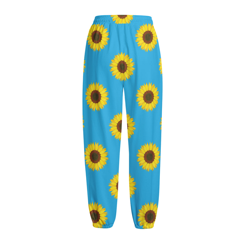 Blue Cute Sunflower Pattern Print Fleece Lined Knit Pants