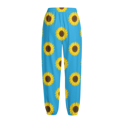 Blue Cute Sunflower Pattern Print Fleece Lined Knit Pants