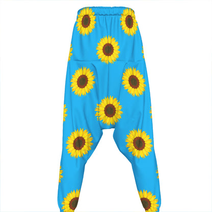 Blue Cute Sunflower Pattern Print Hammer Pants
