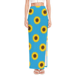 Blue Cute Sunflower Pattern Print High Slit Maxi Skirt