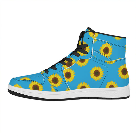 Blue Cute Sunflower Pattern Print High Top Leather Sneakers