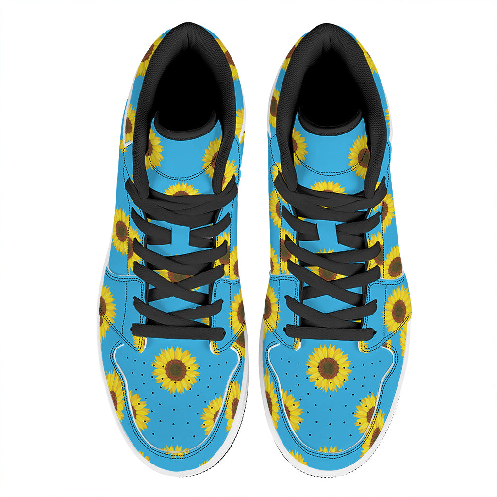 Blue Cute Sunflower Pattern Print High Top Leather Sneakers