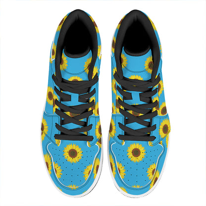 Blue Cute Sunflower Pattern Print High Top Leather Sneakers