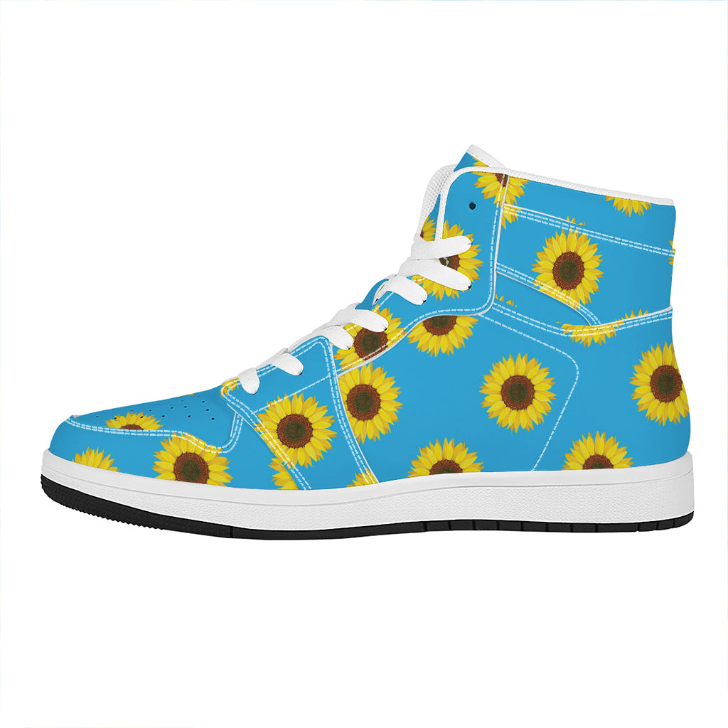 Blue Cute Sunflower Pattern Print High Top Leather Sneakers