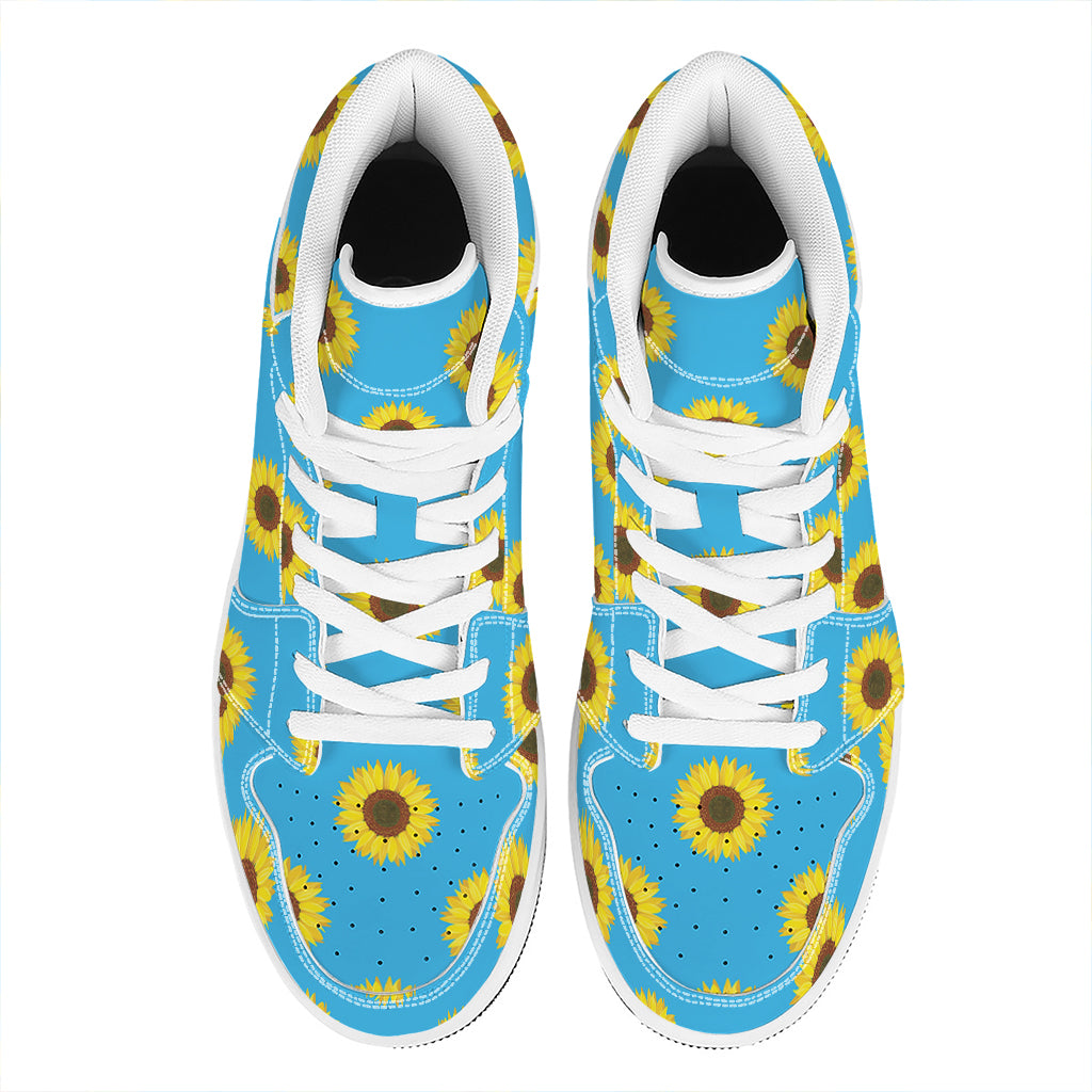 Blue Cute Sunflower Pattern Print High Top Leather Sneakers