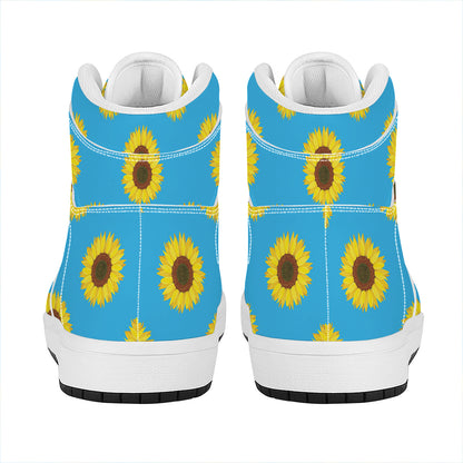 Blue Cute Sunflower Pattern Print High Top Leather Sneakers