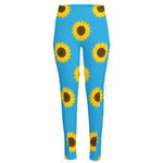 Blue Cute Sunflower Pattern Print High-Waisted Pocket Leggings