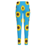 Blue Cute Sunflower Pattern Print High-Waisted Pocket Leggings