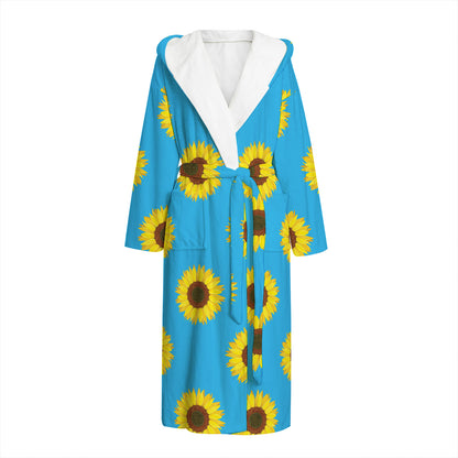 Blue Cute Sunflower Pattern Print Hooded Bathrobe