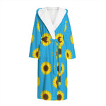 Blue Cute Sunflower Pattern Print Hooded Bathrobe