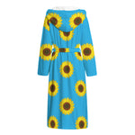 Blue Cute Sunflower Pattern Print Hooded Bathrobe