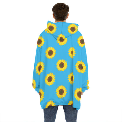Blue Cute Sunflower Pattern Print Hoodie Blanket