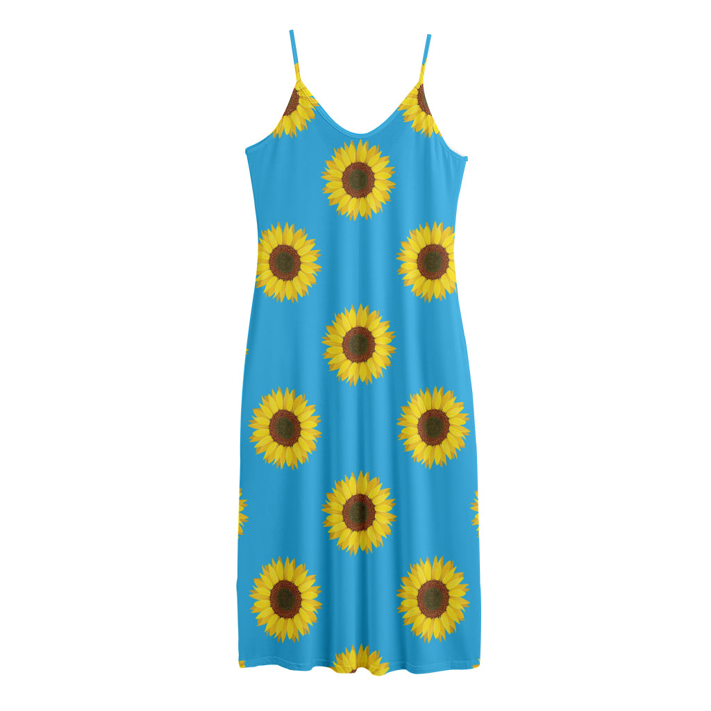 Blue Cute Sunflower Pattern Print Jersey Midi Cami Dress