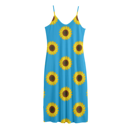 Blue Cute Sunflower Pattern Print Jersey Midi Cami Dress