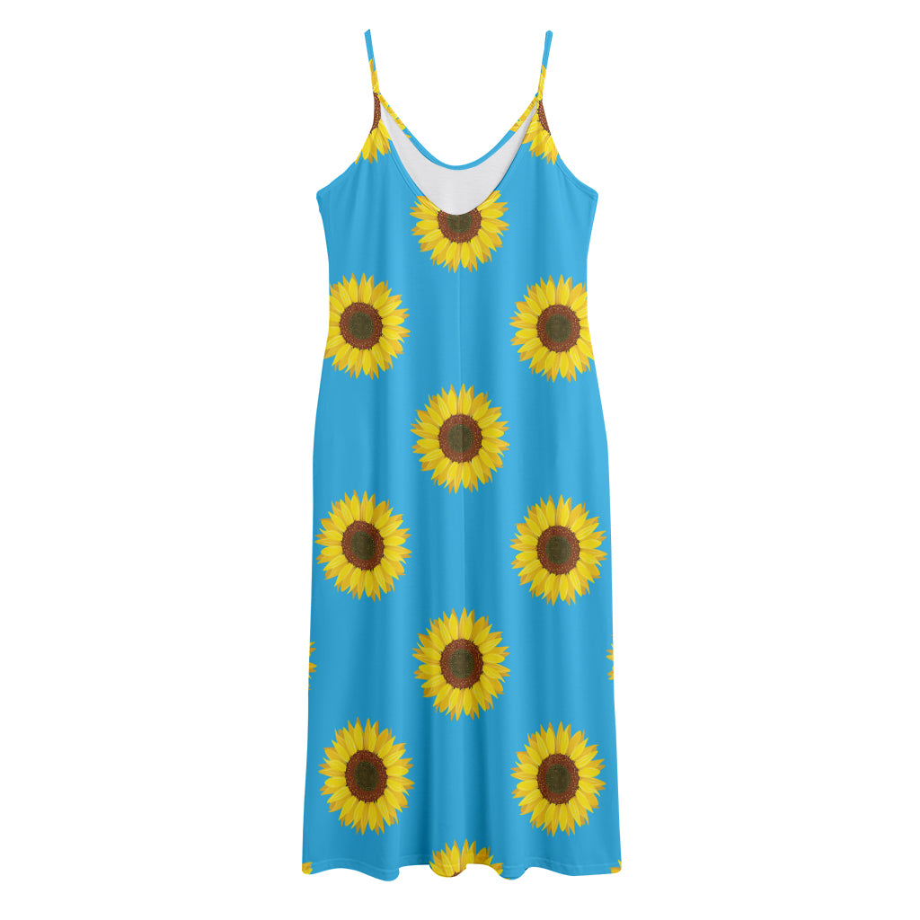 Blue Cute Sunflower Pattern Print Jersey Midi Cami Dress