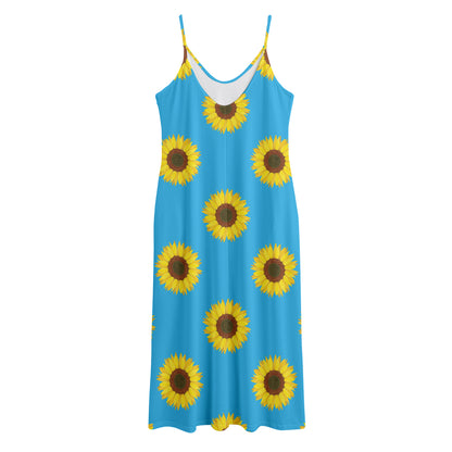 Blue Cute Sunflower Pattern Print Jersey Midi Cami Dress