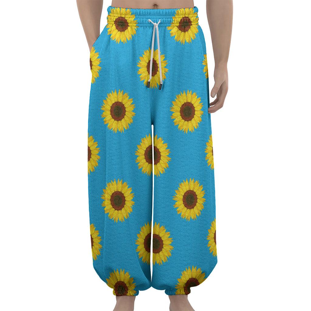 Blue Cute Sunflower Pattern Print Lantern Pants
