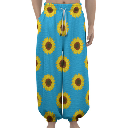 Blue Cute Sunflower Pattern Print Lantern Pants