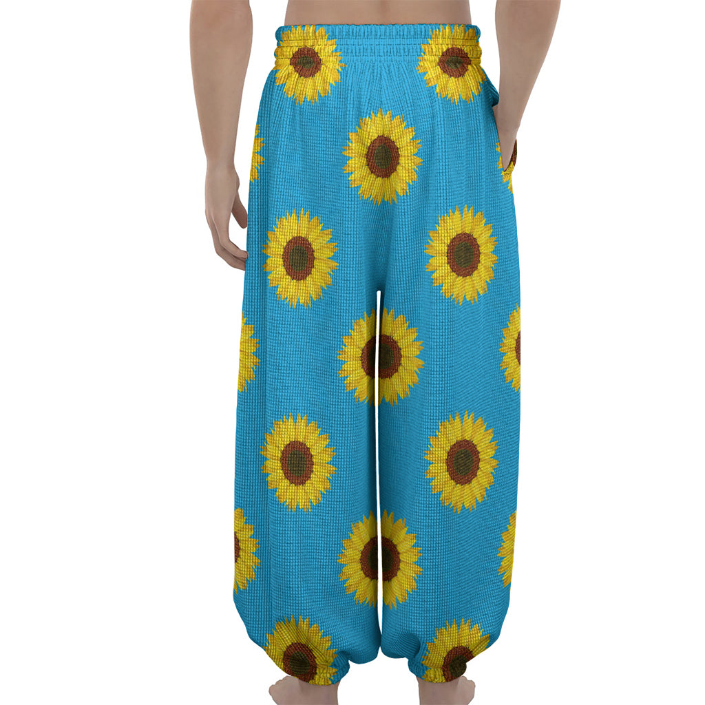 Blue Cute Sunflower Pattern Print Lantern Pants