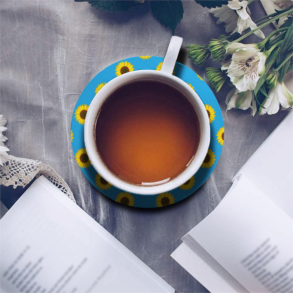 Blue Cute Sunflower Pattern Print Leather Coaster Set