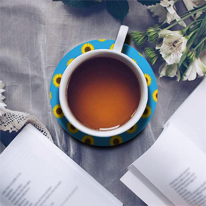 Blue Cute Sunflower Pattern Print Leather Coaster Set