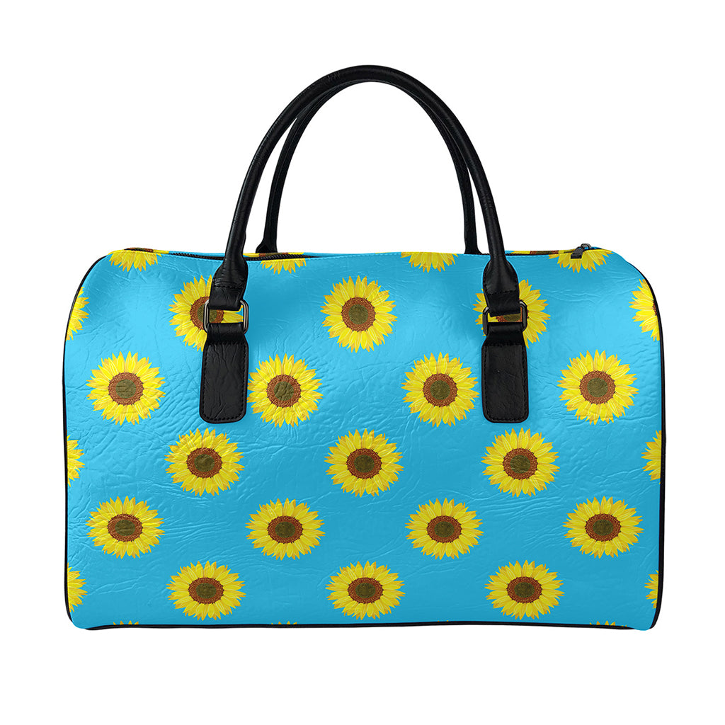 Blue Cute Sunflower Pattern Print Leather Duffle Bag