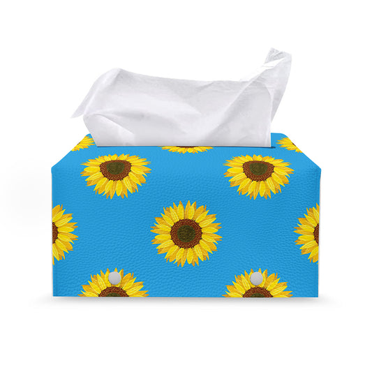 Blue Cute Sunflower Pattern Print Leather Tissue Box Cover