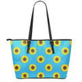 Blue Cute Sunflower Pattern Print Leather Tote Bag With Zipper