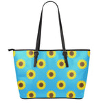 Blue Cute Sunflower Pattern Print Leather Tote Bag