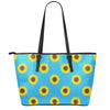 Blue Cute Sunflower Pattern Print Leather Tote Bag