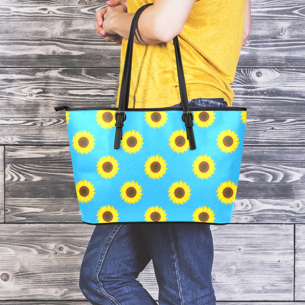 Blue Cute Sunflower Pattern Print Leather Tote Bag