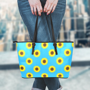 Blue Cute Sunflower Pattern Print Leather Tote Bag