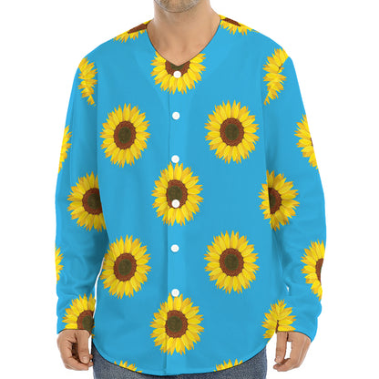 Blue Cute Sunflower Pattern Print Long Sleeve Baseball Jersey